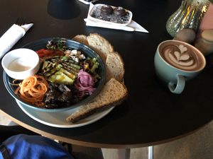 Jungle salad, peanut butter button and hot chocolate   at Maloca Coffee & Food in Bodo