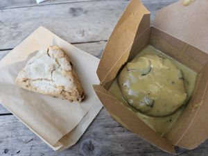 Half order of the biscuits and gravy? And a chocolate chip scone at Wandering Goat Coffee Co. in Eugene
