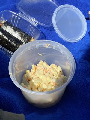 Macaroni salad and musubi  at Chef Reina in Brisbane