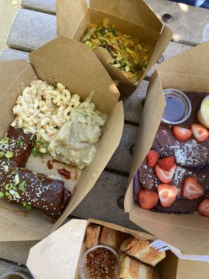 kare kare top, ribs with mashed potatoes and mac salad, ube pancakes, and lechon at the bottom  at Chef Reina in Brisbane