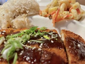  Vegan Chik’n katsu w/ rice and Mac salad   at Chef Reina in Brisbane