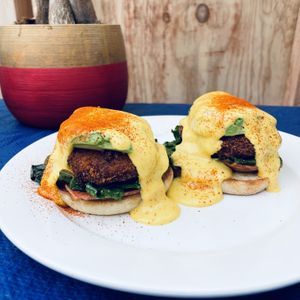 Vegan Artichoke Crab Cakes Benedict   at Chef Reina in Brisbane