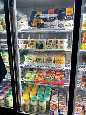 Variety of vegan cheeses at Urthly Vegan Market in Garden Grove
