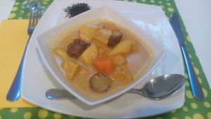 Seitan curry (served with rice) at Loving Hut in Madrid