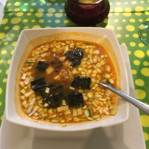 miso soup at Loving Hut in Madrid