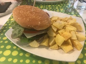 Burger with double fries  at Loving Hut in Madrid