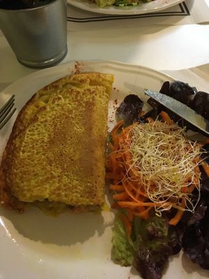 Tofu and mushroom crepe with cream sauce  at Loving Hut in Madrid