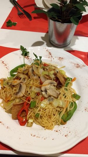 Fried noodles at Loving Hut in Madrid