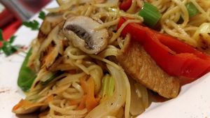 Fried noodles at Loving Hut in Madrid