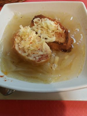 French onion soup at Loving Hut in Madrid