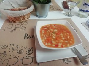 Beans and chorizo-style soup. at Loving Hut in Madrid