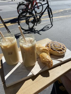 iced coffee, almond coffee, cinnamon roll  at Bakery Bakery - Länggasse in Bern