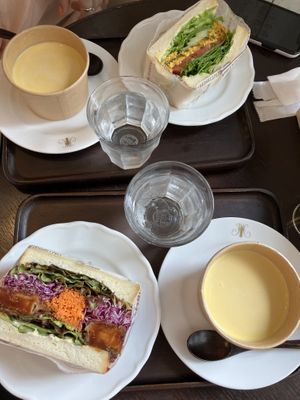Egg sandwich and katsu sandwich with pumpkin soup  at Marbre Vegan in Tokyo