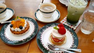 Different cakes, coffee and iced matcha latte at Marbre Vegan in Tokyo