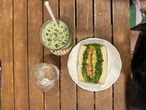 Iced soy matcha latte and vegan egg salad sandwich    at Marbre Vegan in Tokyo