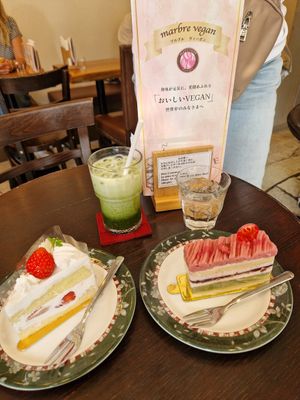 Sakura Cake (special cake for the sakura season), strawberry short cake and Iced matcha Soya Latte 😍 really excellent! at Marbre Vegan in Tokyo