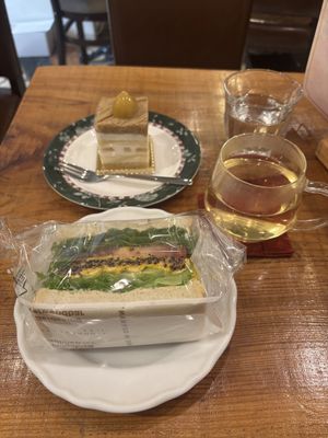 Vegan egg sandwich, chestnut cream cake, hot plum juicee  at Marbre Vegan in Tokyo