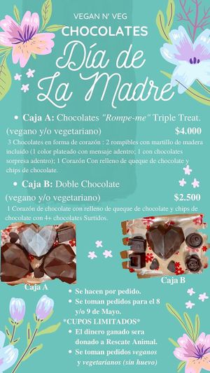 Vegan n’ Veg

CHOCOLATES 🍫 DÍA DE LA MADRE 🤱

•Caja A: Chocolates " Rompe-me " Triple Treat (vegano y / o vegetariano) 
🤎🤎🤎
$ 4.000 
3 Chocolates en form at Vegan n Veg  in Iquique
