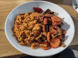 Rice and grilled vegetables from the buffet at Paradise Food in Skopje