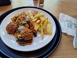 Mixed warm foods from the buffet at Paradise Food in Skopje