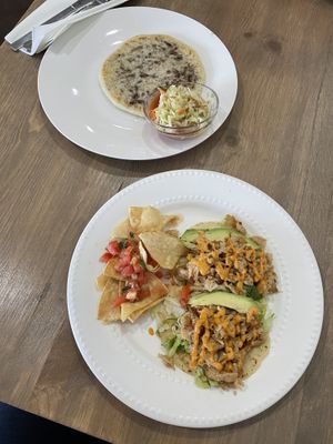 Vegan cheese&bean pupusas and vegan chickin’ tacos  at Tias in St George