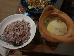 Pineapple red curry with steamed rice at Vegan Society in Chiang Mai