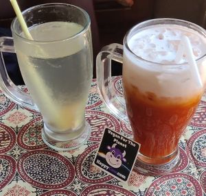 Ginger tea (cold) & Thai tea w/coconut milk at Vegan Society in Chiang Mai
