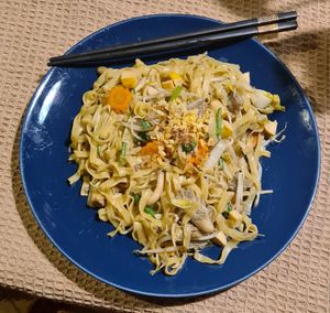 Fried yellow noodles with vegetables at Vegan Society in Chiang Mai