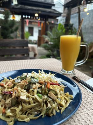 Fried Yellow curry noodles  at Vegan Society in Chiang Mai