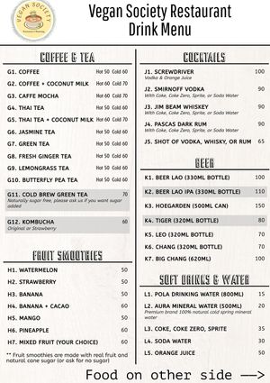 Drink Menu at Vegan Society in Chiang Mai