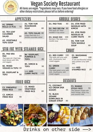 Food Menu at Vegan Society in Chiang Mai