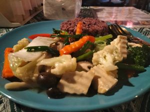 rice with tofu and mixed veggies at Vegan Society in Chiang Mai