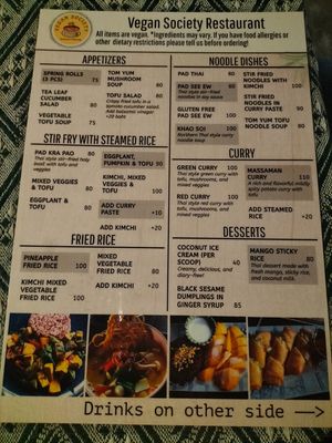menu at Vegan Society in Chiang Mai