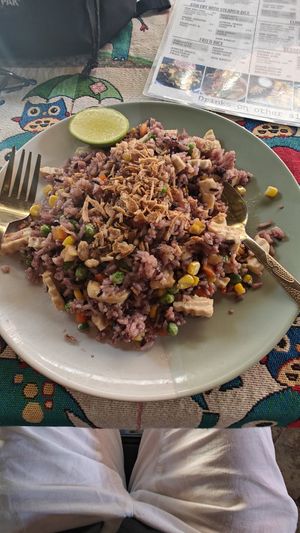 Fried rice, mixed veggies with extra tofu at Vegan Society in Chiang Mai