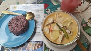 Masaman curry with rice on the side at Vegan Society in Chiang Mai