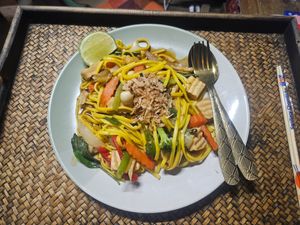 Stir fried noodles in curry paste at Vegan Society in Chiang Mai