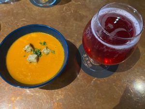 Creamy spiced tomato soup and ginger/blueberry kombucha at Red Room Rendezvous 紅房餐酒館 in Taipei