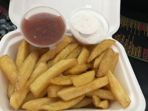 Skin on Fries with Garlic Aioli & Homemade Chilli Sauce at Vegan Hub in North West London