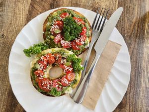 Bagel with cream cheese and pesto  at Zephyr Wainui in Gisborne