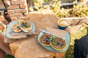 the Mediterranean hummus bagel and the 'cream cheese' pesto bagel. available with gluten free bagels at Zephyr Wainui in Gisborne