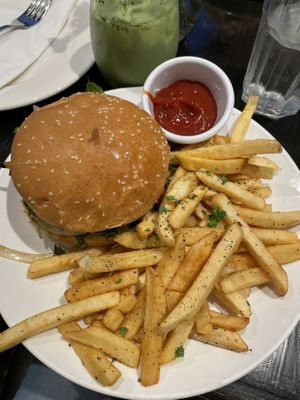 Burger with fries  at Variable Cafe in Los Angeles