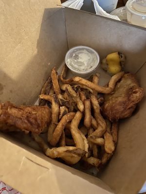 Delicious “fish” and chips with vegan tartar (partially eaten)  at Breaking Waves Brewing in Silverdale