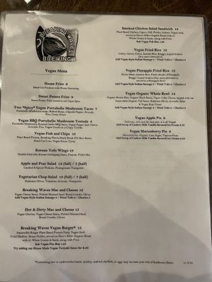 Vegan menu at Breaking Waves Brewing in Silverdale