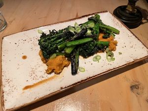 Charred broccoli with tahinii  at Dyberry Forks in Honesdale