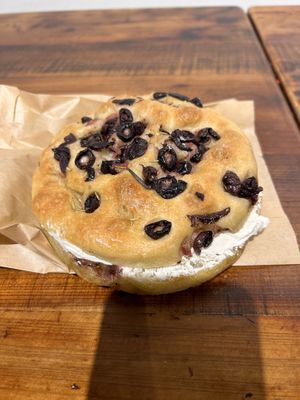 Olive focaccia with herb garlic cream cheez   at bloomer's - Bayview Village in Toronto