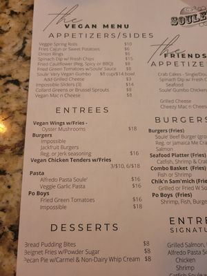 Vegan menu at Soulé Cafe in New Orleans