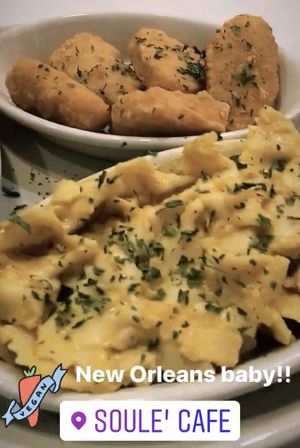 Vegan nuggets and vegan Mac n cheese   at Soulé Cafe in New Orleans