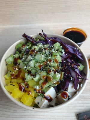 Vegan poke bowl with tofu, veggies, edamame  at Green Poké in Padua