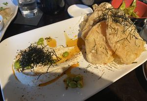 yuzu tofu ricotta with sweet potato tempura  at Dragonfly Sushi & Sake Company in Gainesville