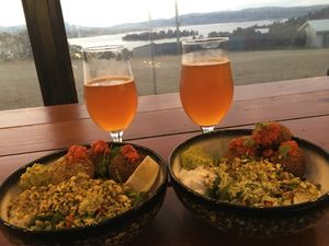 Falafel bowl and view of lake Jindabyne   at Jindabyne Brewing in Jindabyne